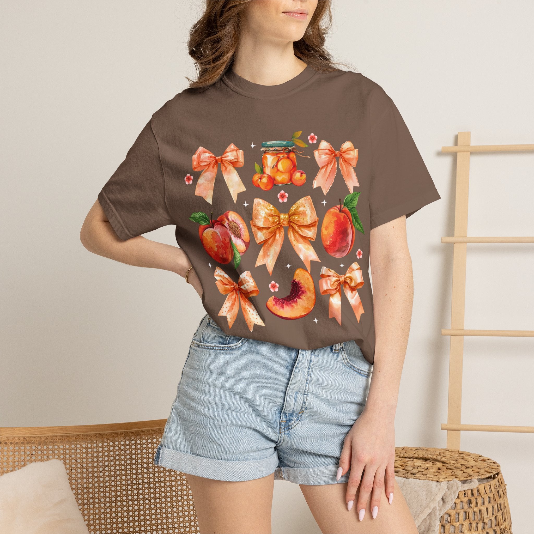 Peach & Bow Graphic T-Shirt — Watercolor Fruit Design