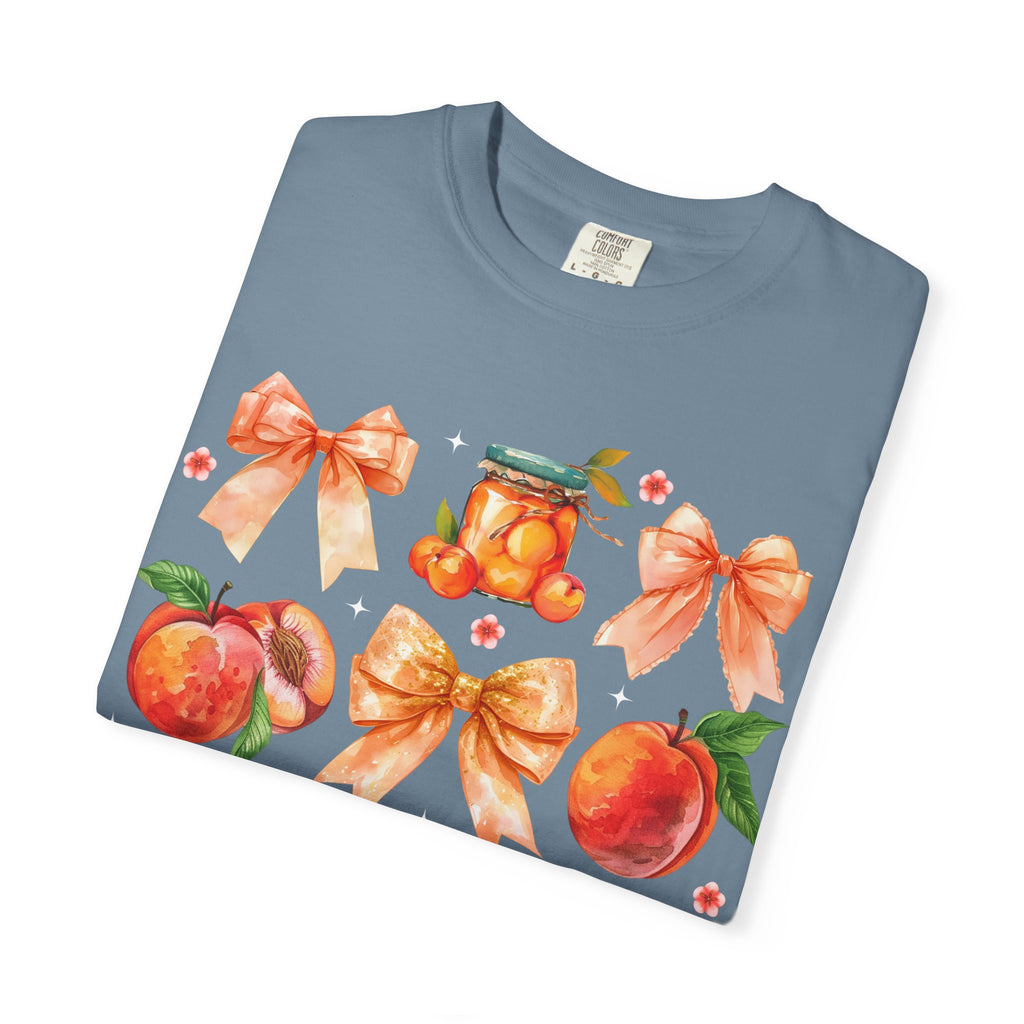 Peach & Bow Graphic T-Shirt — Watercolor Fruit Design