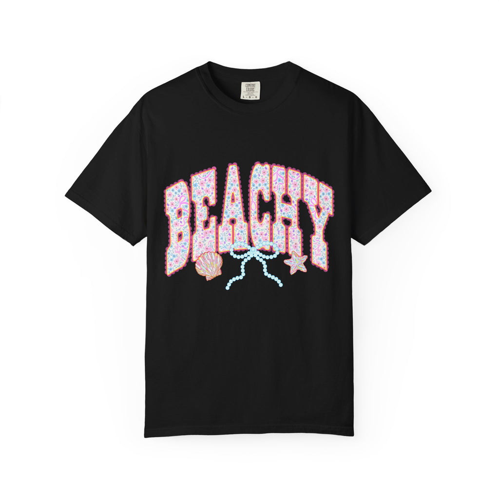 Beachy Floral Text T-Shirt | Seashells, Starfish, Pastel Retro Letters