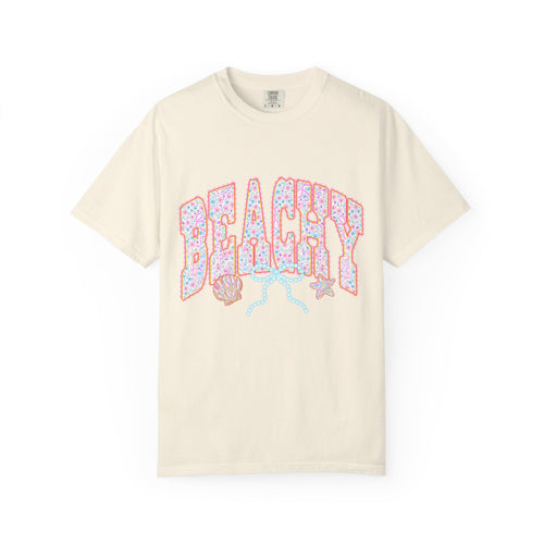 Beachy Floral Text T-Shirt | Seashells, Starfish, Pastel Retro Letters